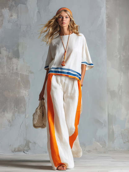 Casual Urban Style Contrast-Trimmed White T-Shirt & Wide-Leg Pants Cotton-Linen Set
