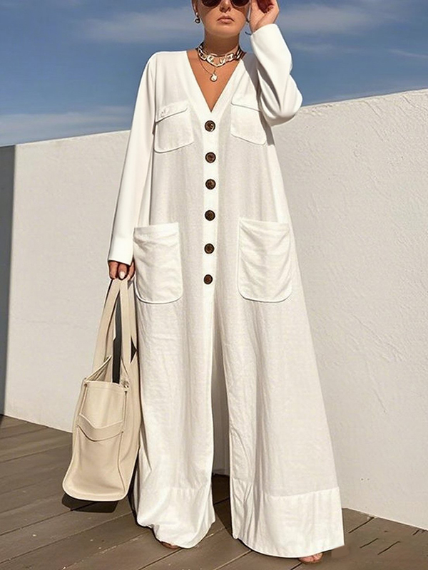 Buttoned Pockets Long Sleeves Loose V-Neck Jumpsuits