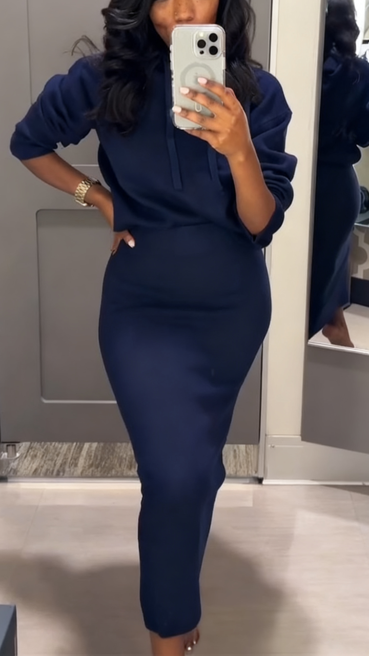 Women Round Neck Drawstring Top+ Skirt Solid Color Casual Set