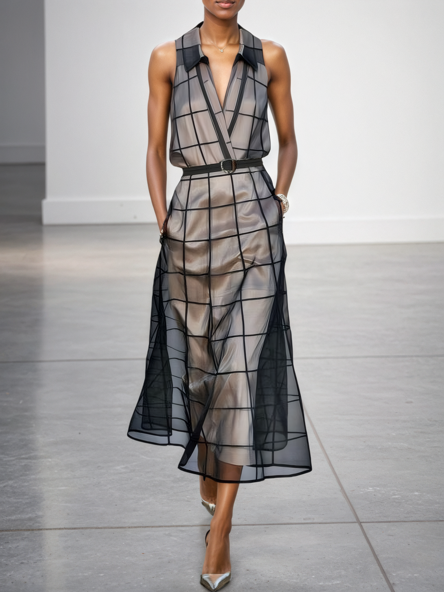 Women's Checkered Tulle Lapel Sleeveless Belted Maxi Dress MDA2372F1Y