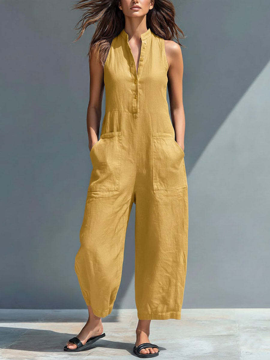 Women's V-neck Sleeveless Casual Loose Linen Jumpsuit