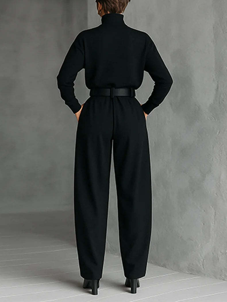 All-black Turtleneck Long-sleeved T-shirt And Straight-leg Pants Two-piece Set (including Belt)