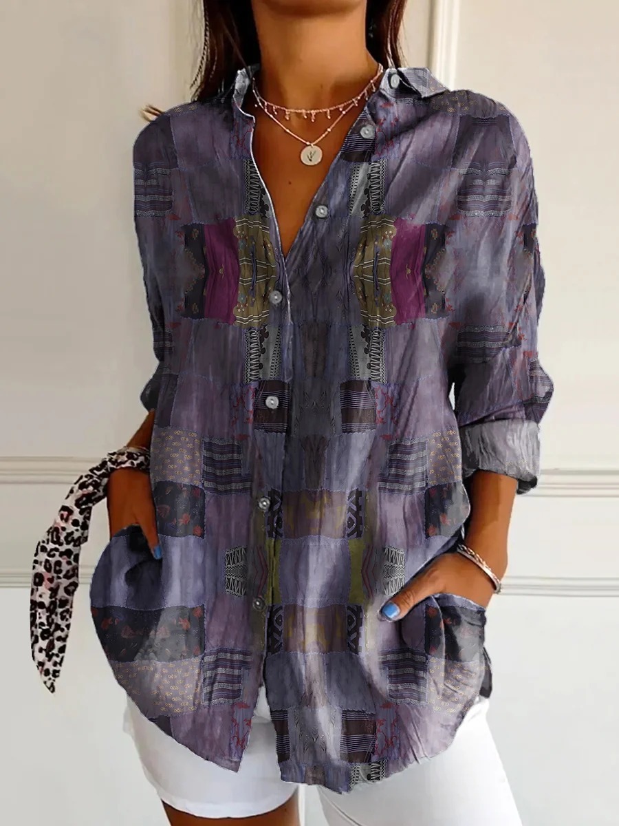 Women's Vintage Floral Bird Art Print Casual Cotton Shirt