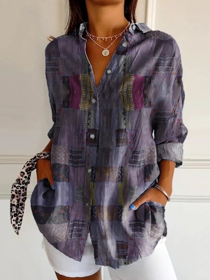 Women's Vintage Floral Bird Art Print Casual Cotton Shirt