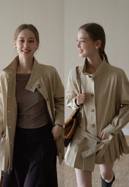 Womens Khaki High Neck Pleated Hem Trench Coat