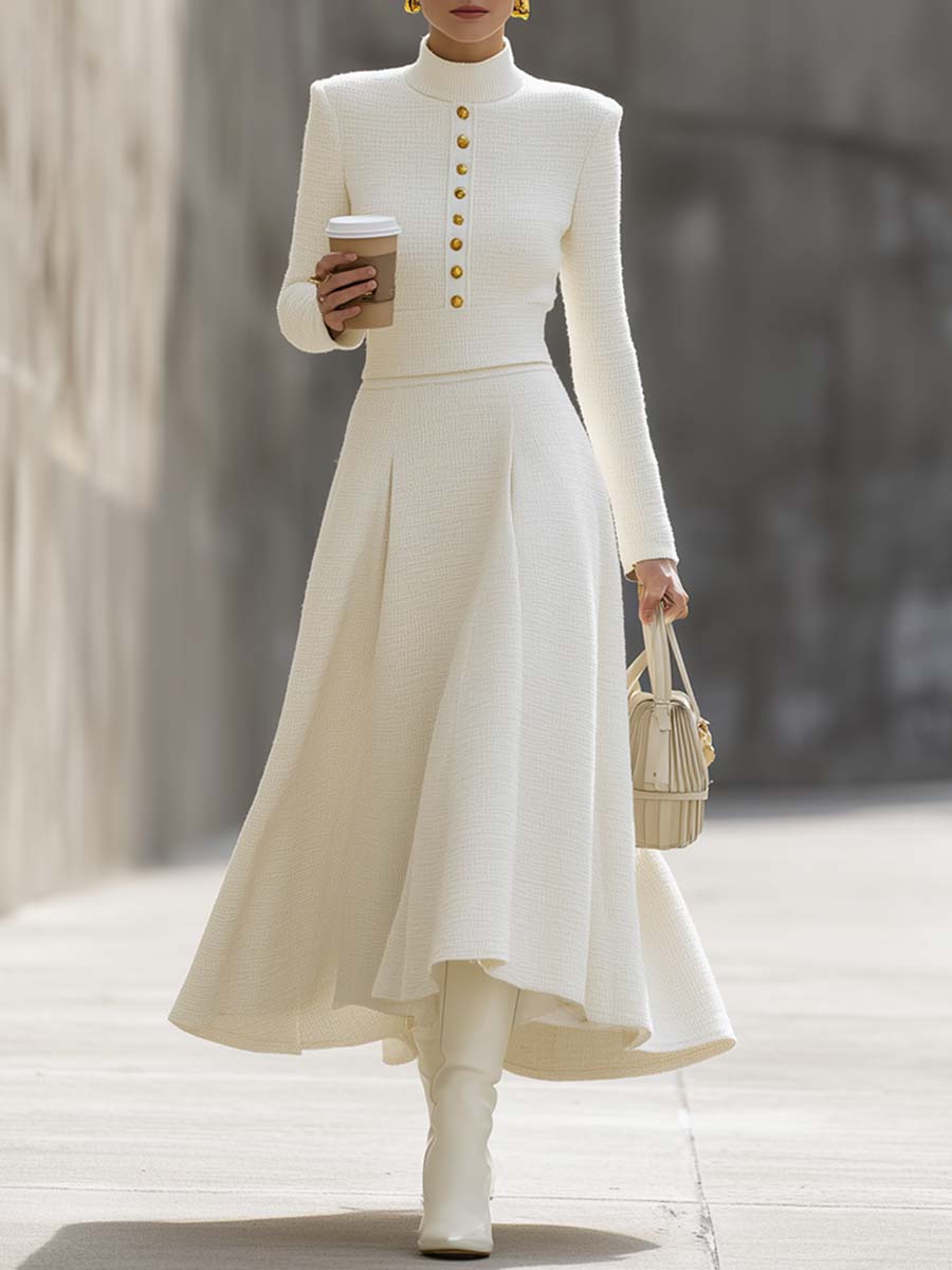 Retro Street Beige Button Knitted Skirt Suit