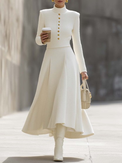 Retro Street Beige Button Knitted Skirt Suit