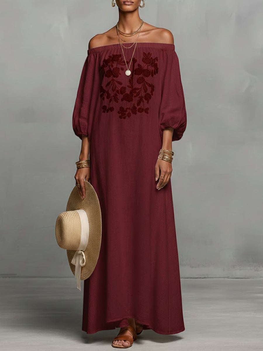 Women's Round Neck Long Sleeve Casual Loose Linen Dress