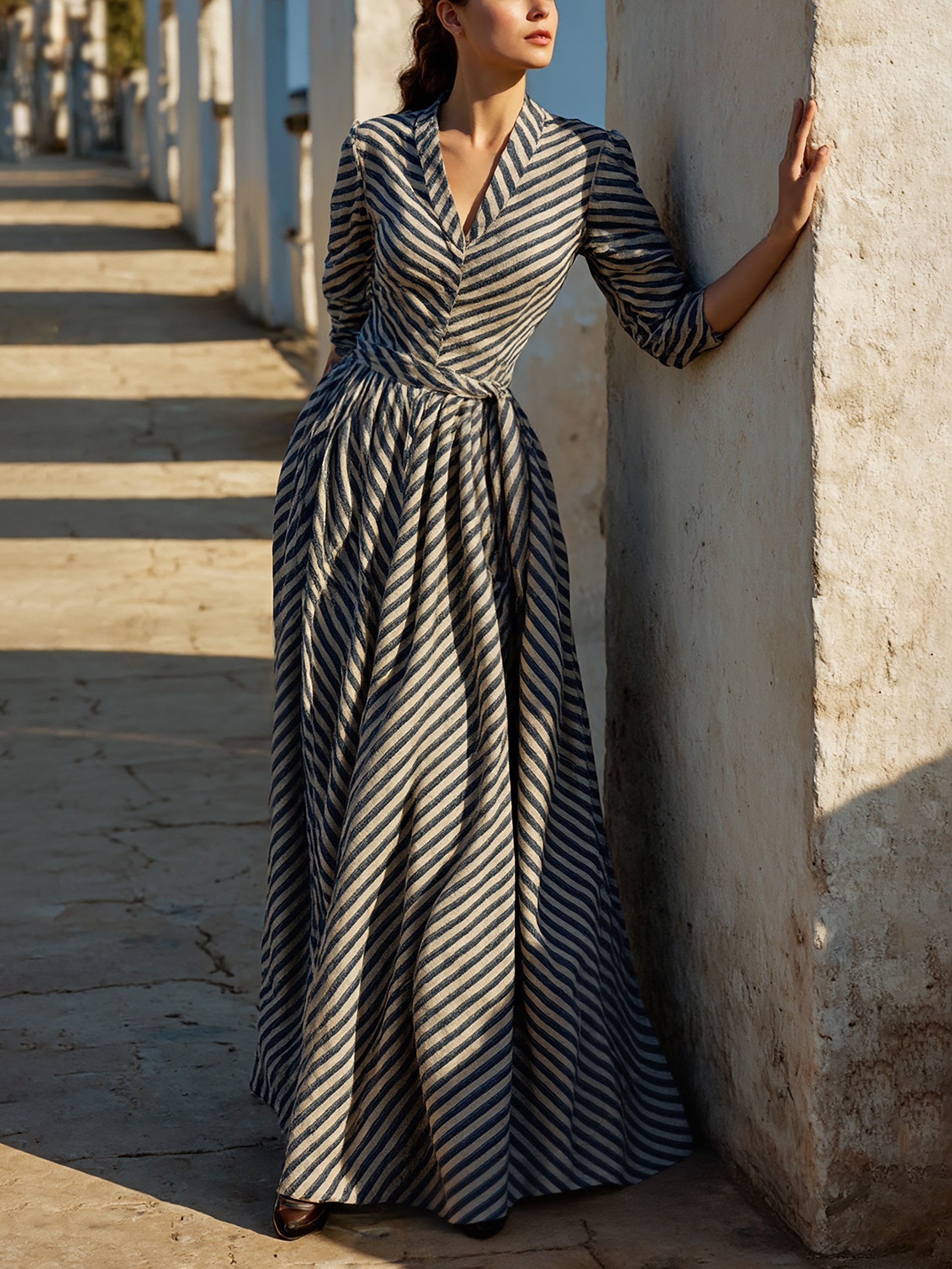 V-neck retro striped dress with contrasting colors