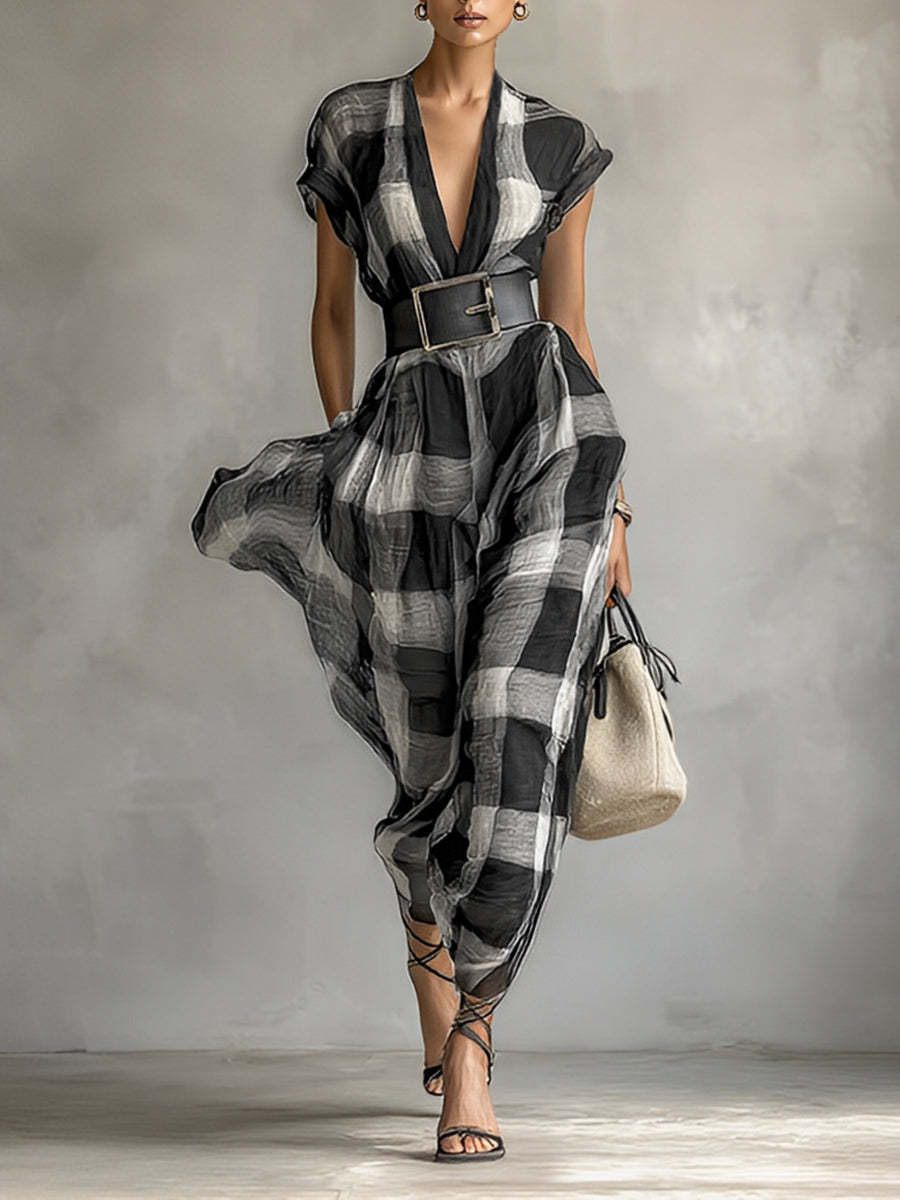 Women's Linen Blend Plaid V-neck Cap Sleeve Belt Maxi Dress MDA1915G6Y