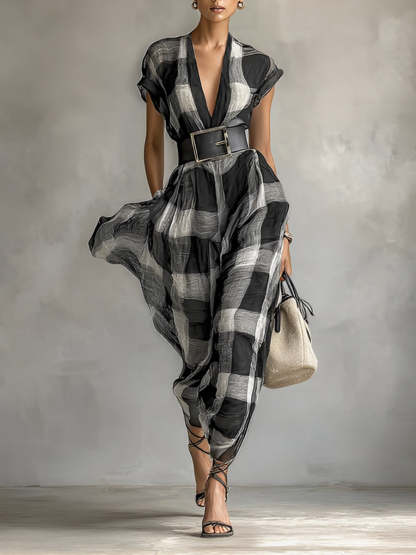 Women's Linen Blend Plaid V-neck Cap Sleeve Belt Maxi Dress MDA1915G6Y