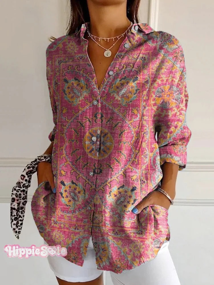Women's Vintage Floral Bird Art Print Casual Cotton Shirt