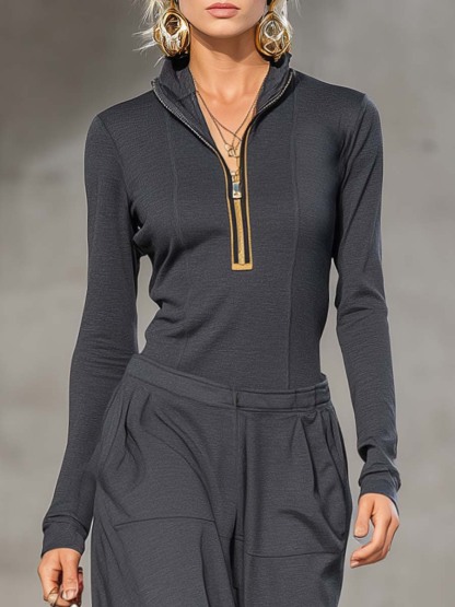 Casual Retro Sports Dark Gray Half-high Collar Front Zipper Long-sleeved Top And Wide Pants Set