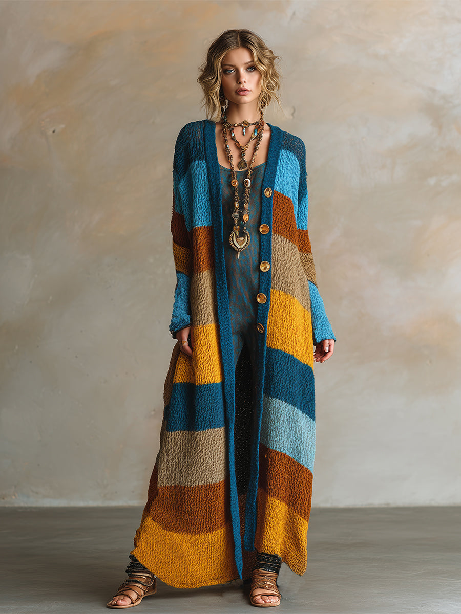 Retro Contrast Striped Knitted Long Cardigan