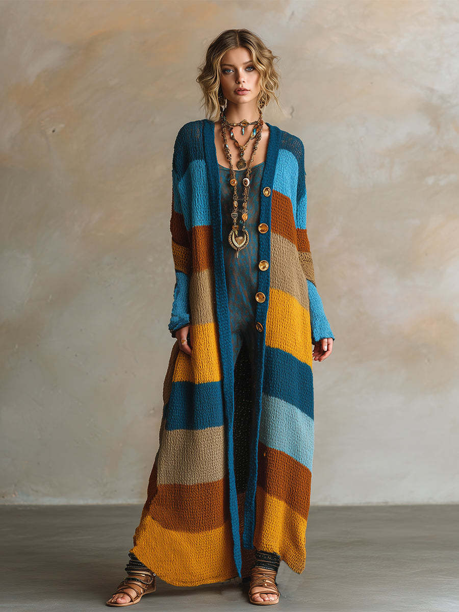 Retro Contrast Striped Knitted Long Cardigan