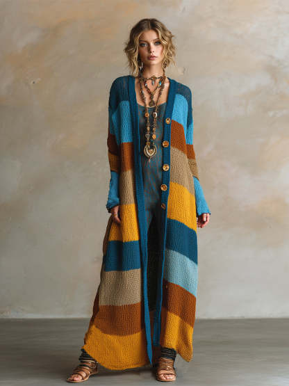 Retro Contrast Striped Knitted Long Cardigan