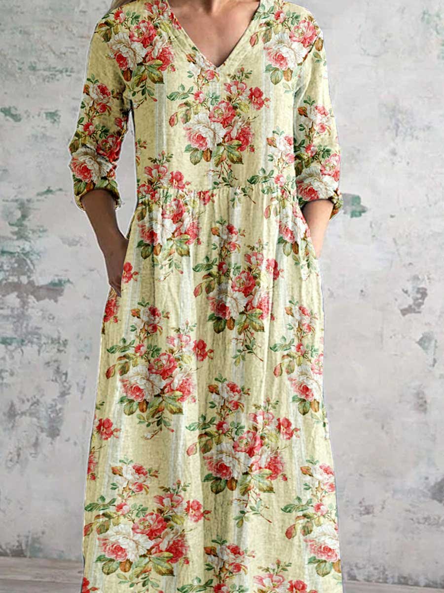 Women's Art Rose Floral V Neck Cotton and Linen Dress With Pockets