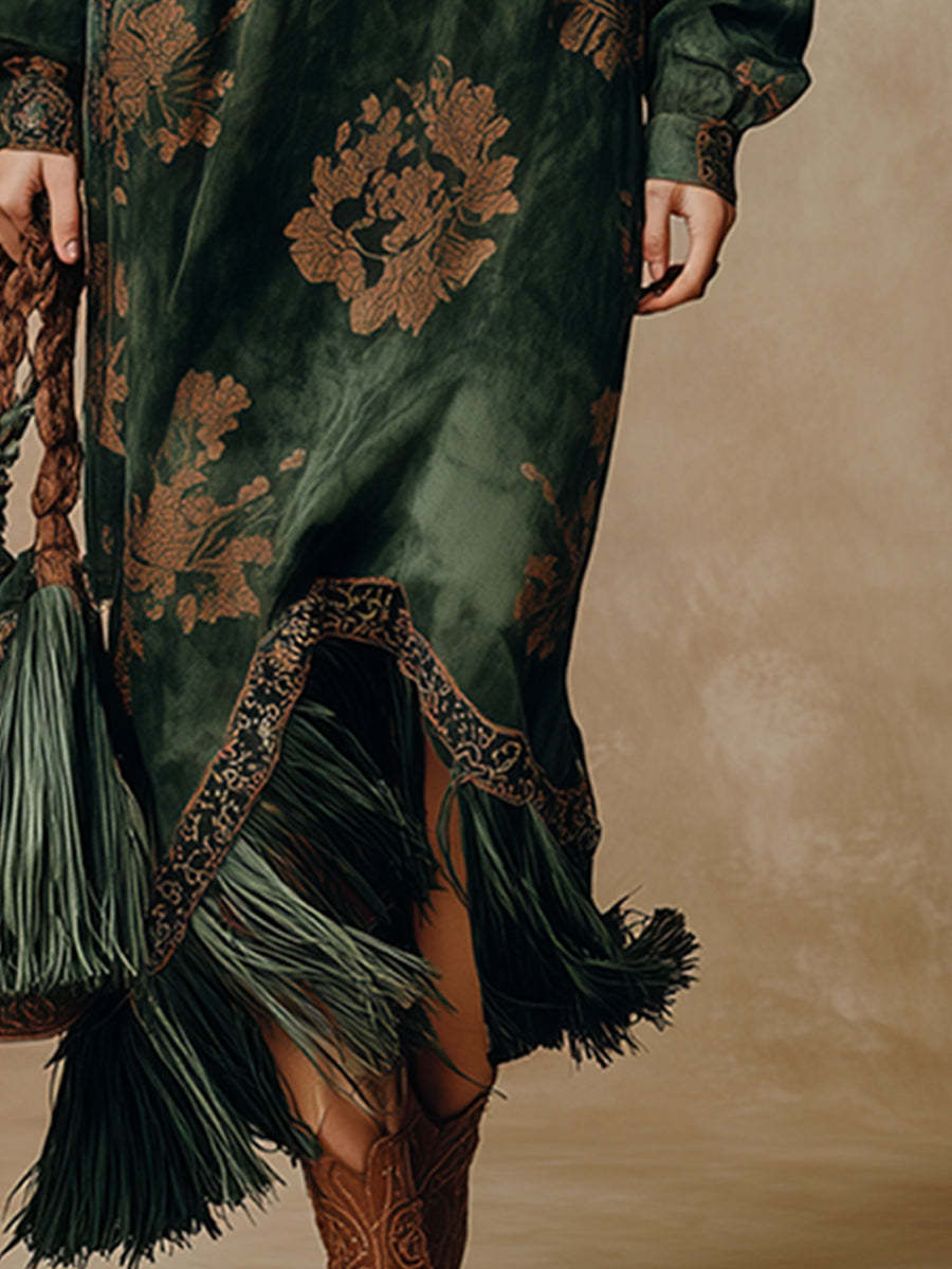 Retro Silhouette Printed Green Faux Suede Tassel Maxi Dress