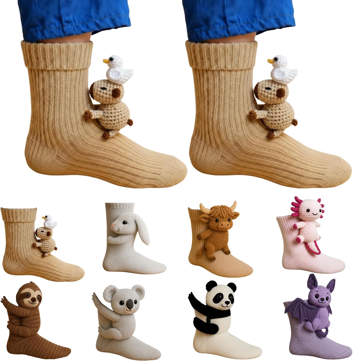 3D Knit Animal Socks, Animal Socks Hand Crocheted, Double-layer cotton, Warm embrace