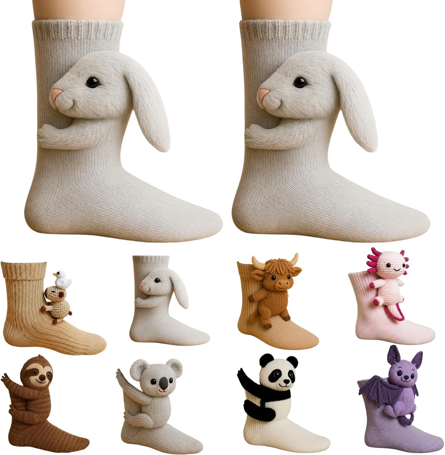 3D Knit Animal Socks, Animal Socks Hand Crocheted, Double-layer cotton, Warm embrace