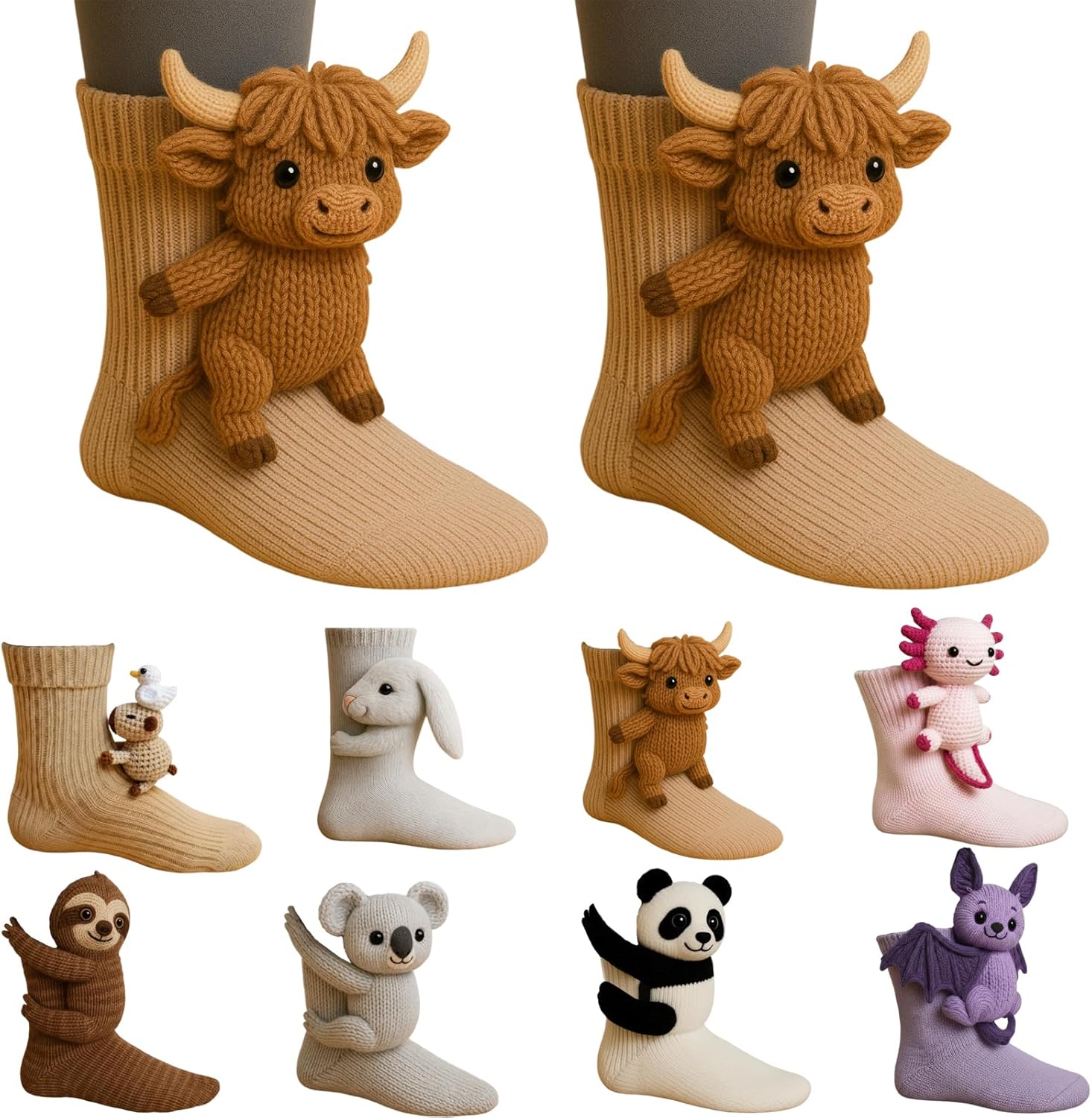 3D Knit Animal Socks, Animal Socks Hand Crocheted, Double-layer cotton, Warm embrace