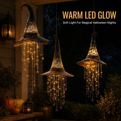 🧙‍♀️✨ Lighted Witch Hat Hanging Decor with Cascading Stars