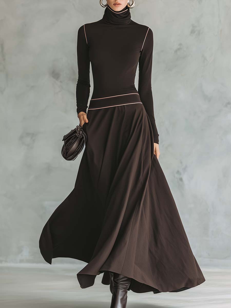 Retro Elegant Versatile High-necked Pink Trim Dark Brown Stretch Cotton Maxi Dress