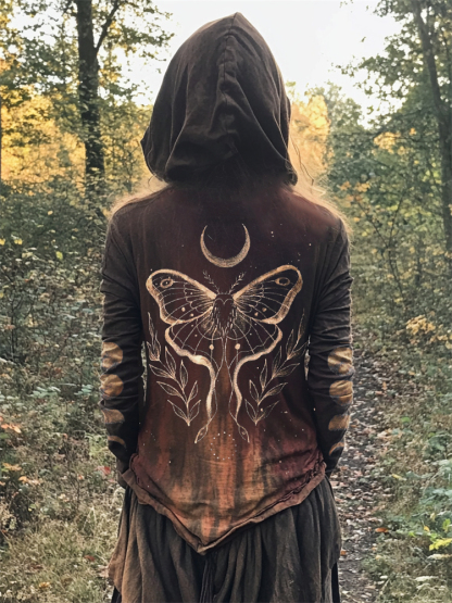 Moth Mystical Moon Phase Bleached Handmade Hoodie