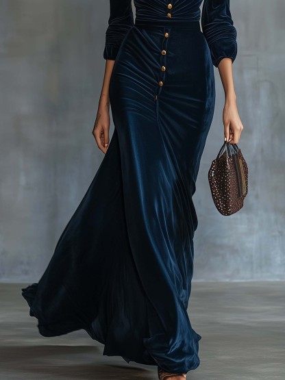 Elegant Navy Velvet Maxi Dress With Buttons