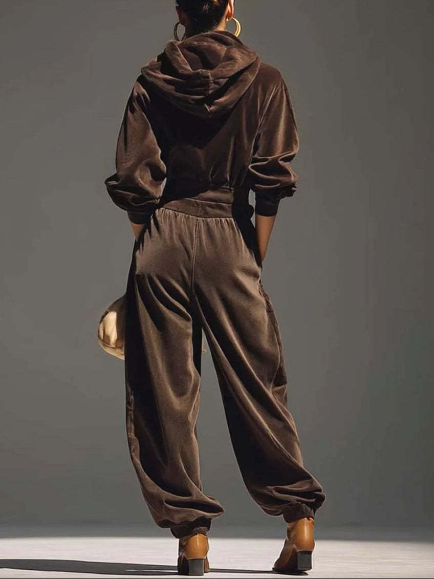 Vintage brown velvet hoodie and loose-fitting trousers set(Includes belt)