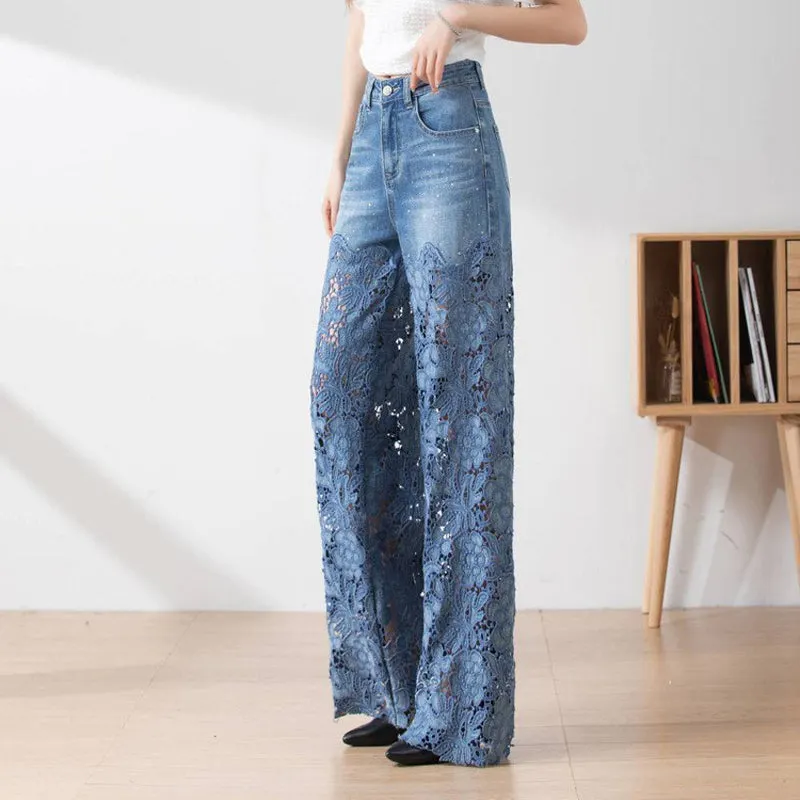 🔥 Summer Sale 50% Off Women's High-Waisted Blue Denim Wide-Leg Pants (Hollow-out Lace Panels)