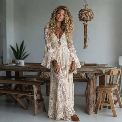 Elegant V-neck High Waist Lace Flared Long Sleeve Dress