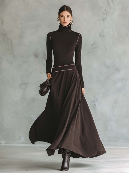 Retro Elegant Versatile High-necked Pink Trim Dark Brown Stretch Cotton Maxi Dress