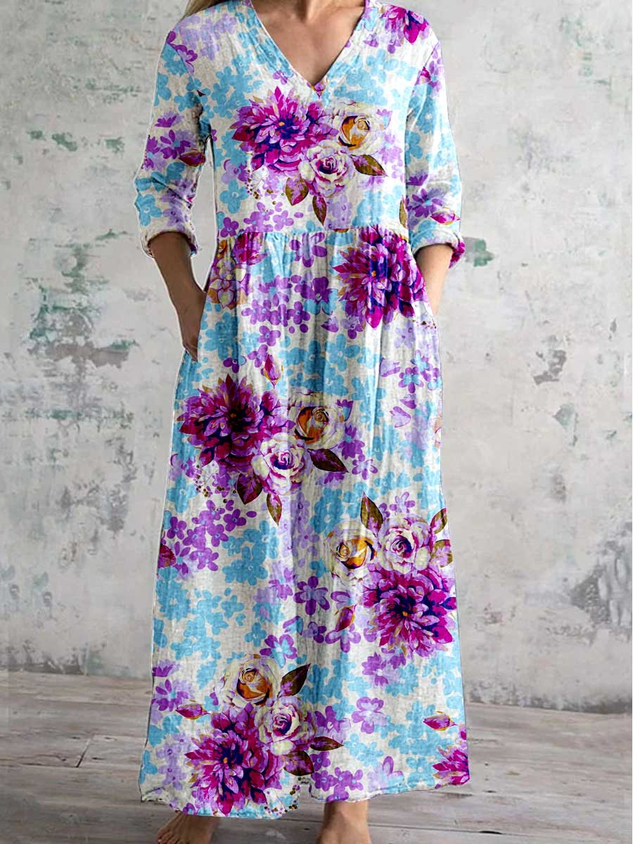 Women's Art Rose Floral V Neck Cotton and Linen Dress With Pockets