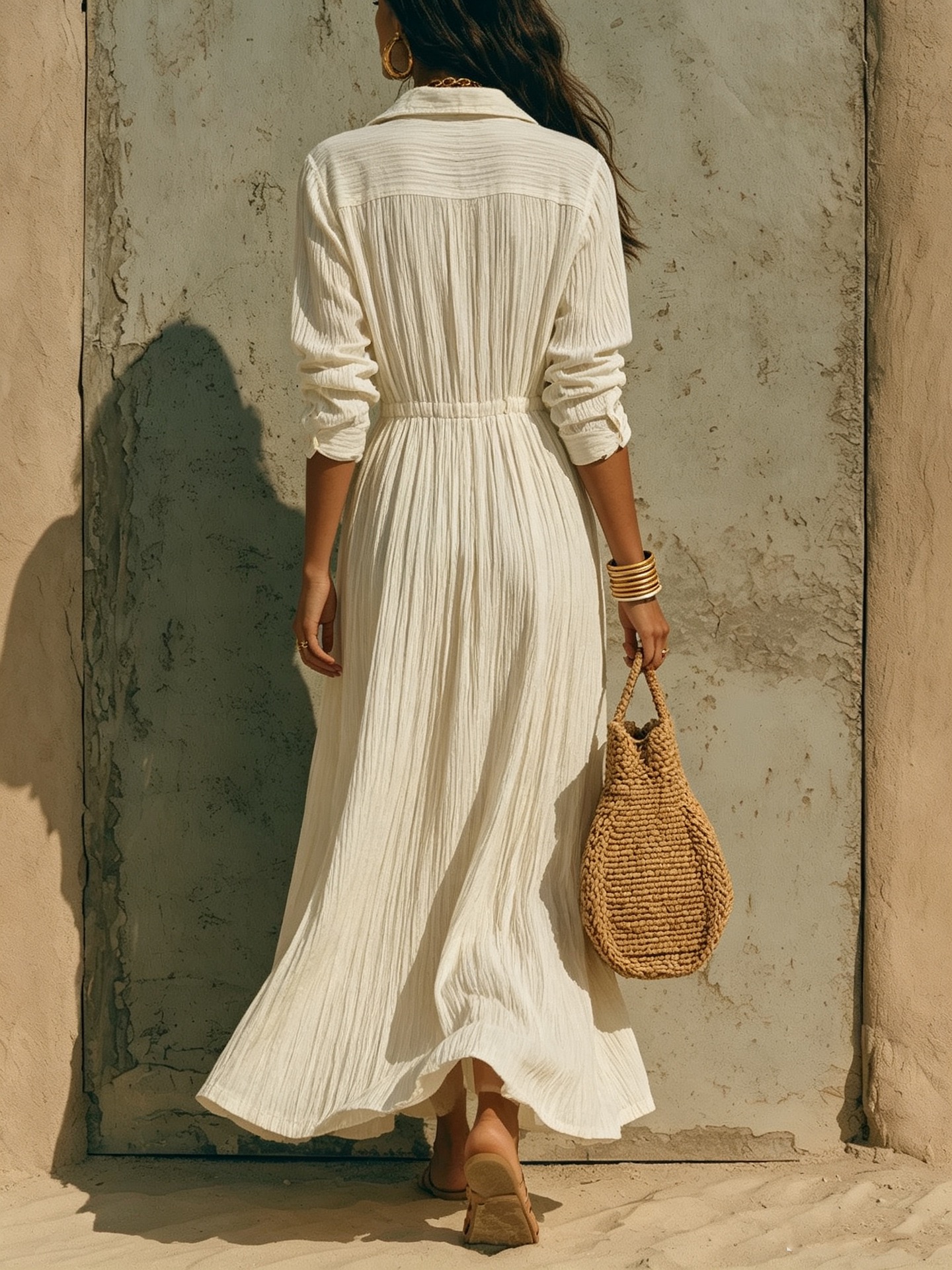 Elegant White Long, Waist-Cinched, Loose-Fitting Dress