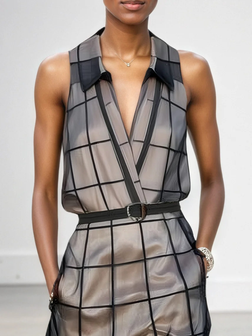 Women's Checkered Tulle Lapel Sleeveless Belted Maxi Dress MDA2372F1Y