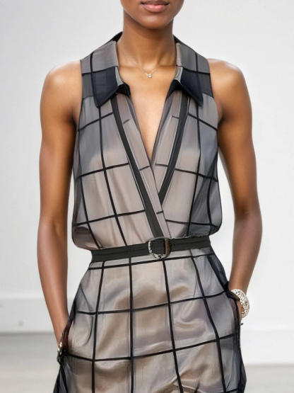 Women's Checkered Tulle Lapel Sleeveless Belted Maxi Dress MDA2372F1Y