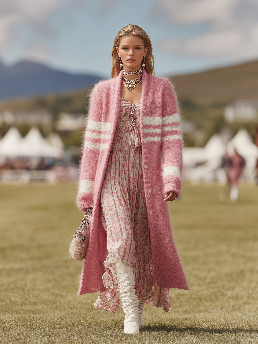 Pink Mohair And White Striped Long Cardigan