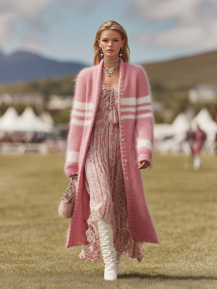 Pink Mohair And White Striped Long Cardigan