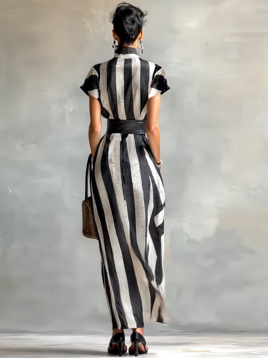 Women's High Collar Chiffon Short Sleeve Belt Maxi Dress MDA0987G2Y