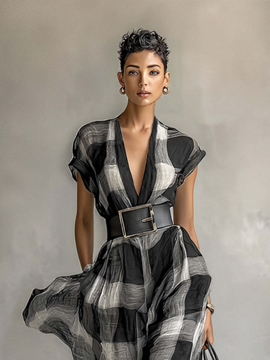 Women's Linen Blend Plaid V-neck Cap Sleeve Belt Maxi Dress MDA1915G6Y