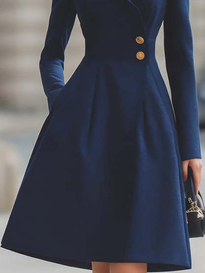 Elegant Navy Blue Tailored Fit Flared Coat Dress