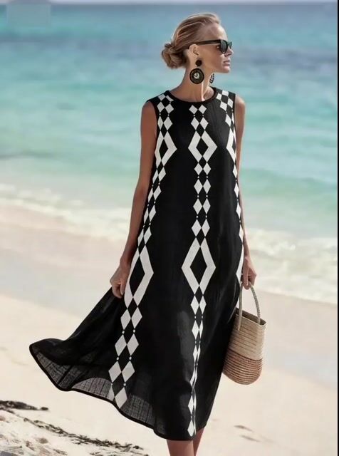 Women'S Round Neck Sleeveless Color-Block Printed Dress