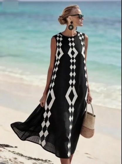 Women'S Round Neck Sleeveless Color-Block Printed Dress