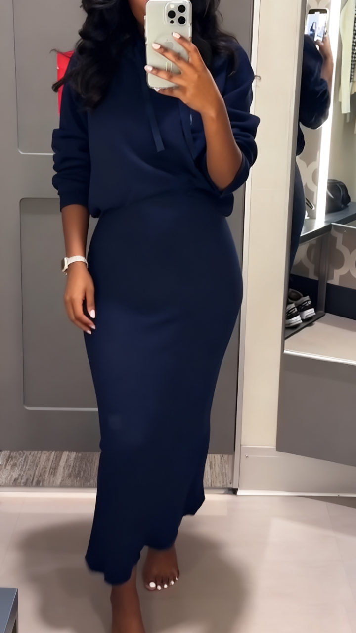 Women Round Neck Drawstring Top+ Skirt Solid Color Casual Set