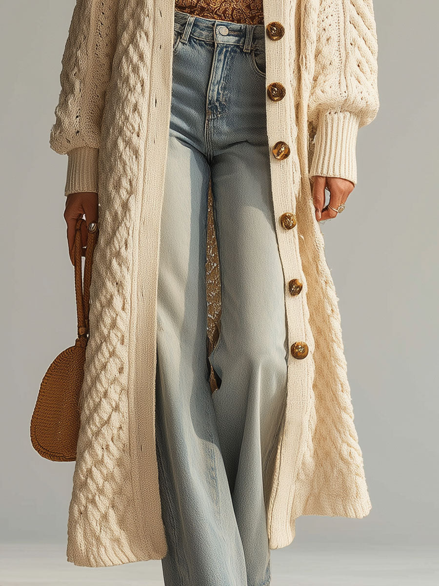 Simple And Fashionable Textured Knitted Beige Cardigan
