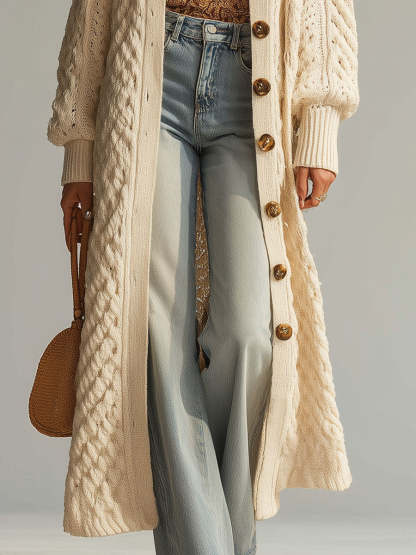 Simple And Fashionable Textured Knitted Beige Cardigan