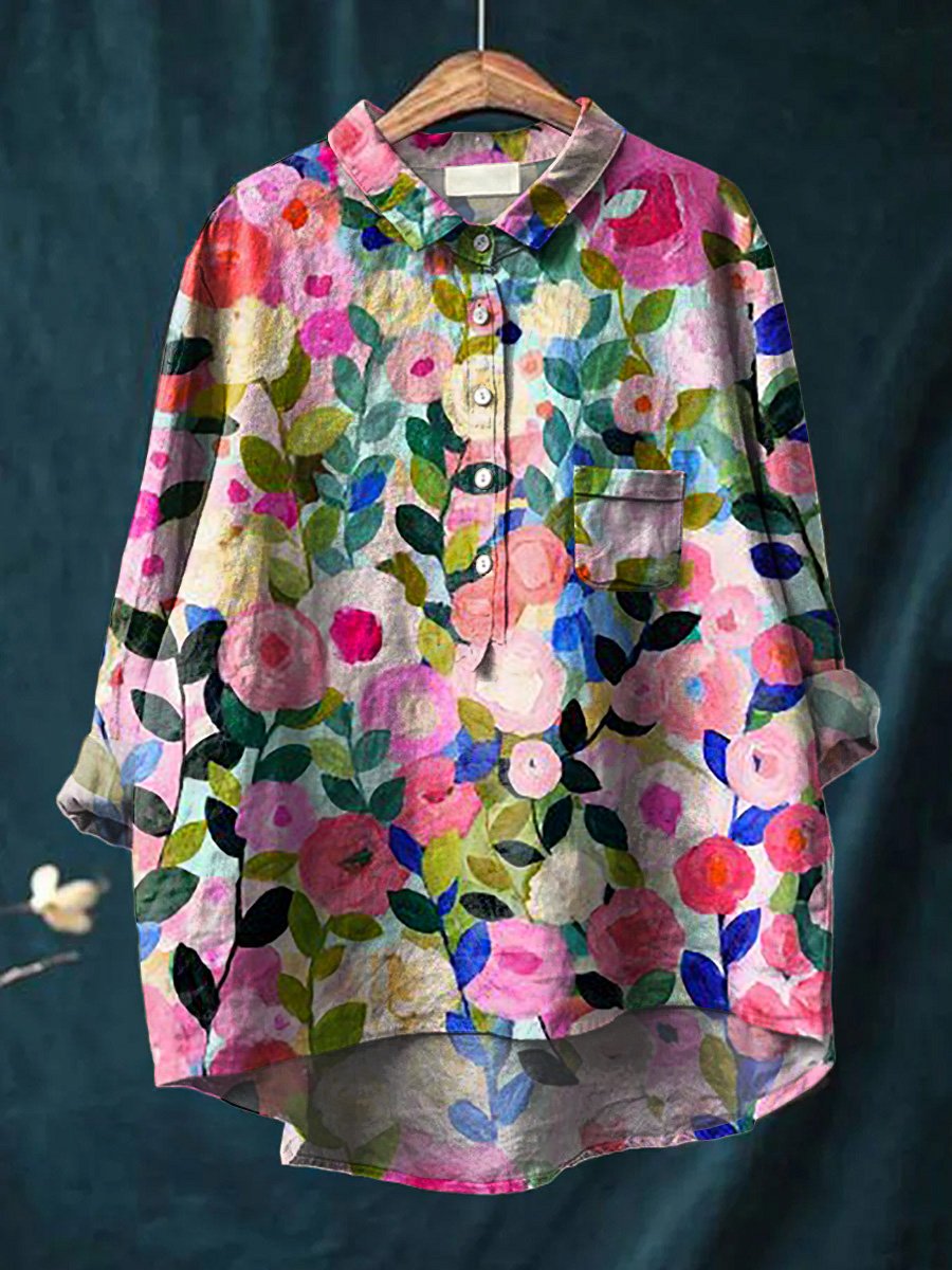 Women's Colorful Spring Floral Garden Printed Casual Cotton And Linen Shirt