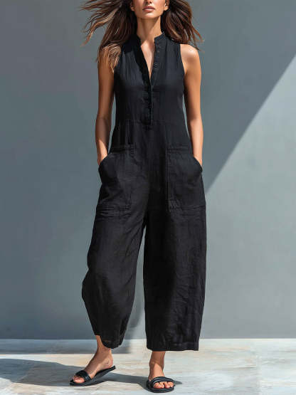 Women's V-neck Sleeveless Casual Loose Linen Jumpsuit