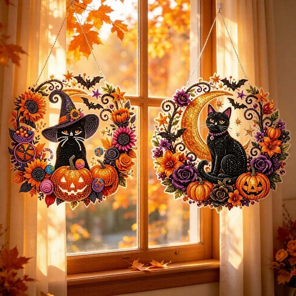 Black Cat Moon Diamond Art Hanging Ornament Kit – Relaxing DIY Halloween Craft 🎃💎 